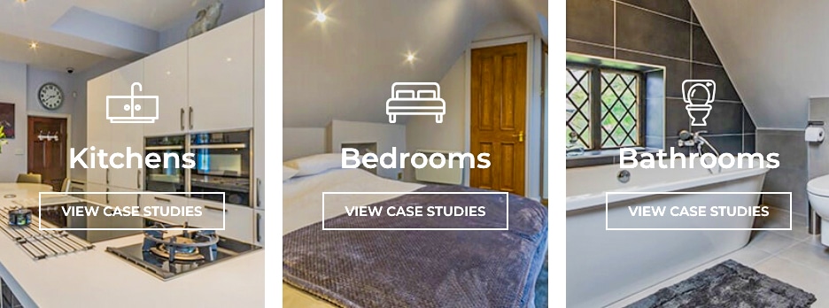 Screen shot of website content showing Kitchens, Bedrooms and Bathroooms.
